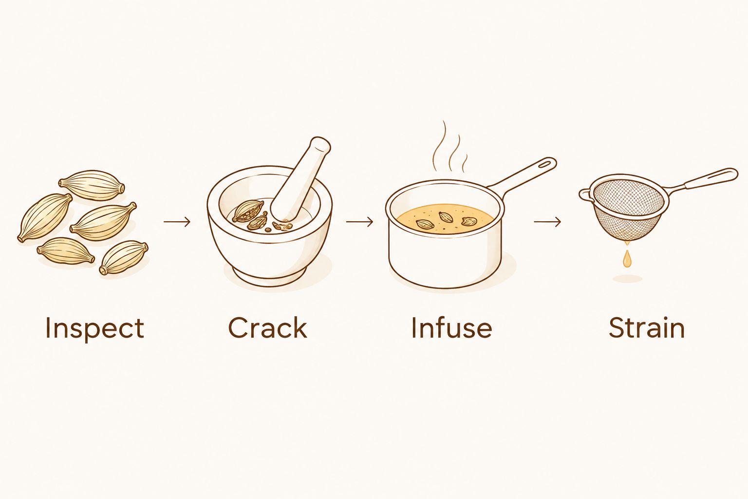 Cardamom preparation sequence showing inspection, cracking, infusion, and straining
