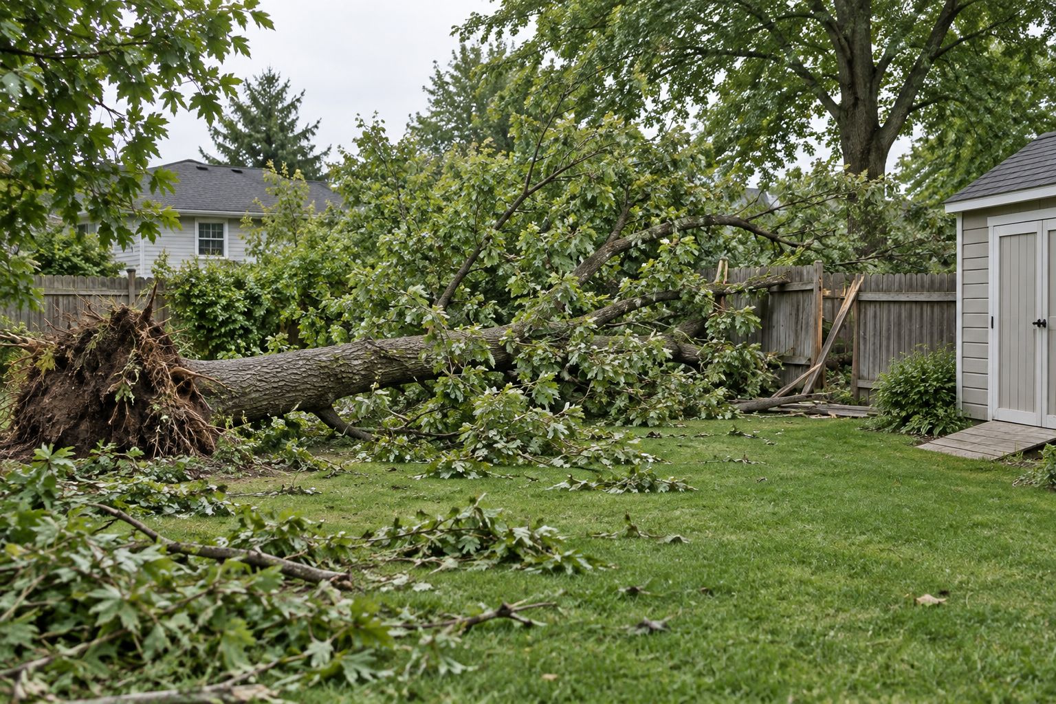 Fallen backyard tree beside a damaged fence, with nearby structures and an access route visible