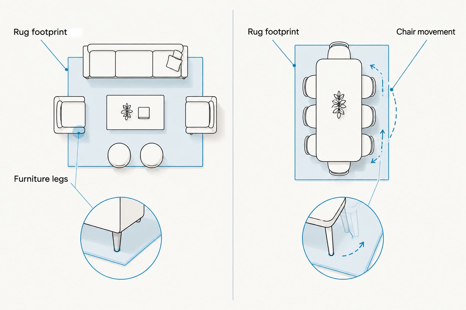 Top-down comparison of rug placement beneath living-room seating and dining chairs