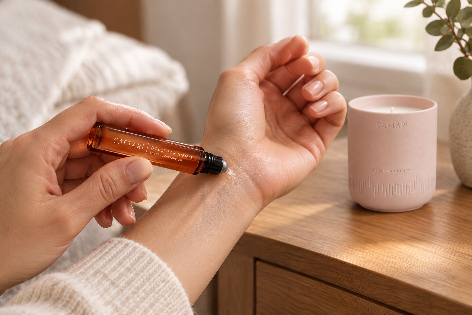 Rollerball perfume oil applied to the wrist beside a candle on a nightstand