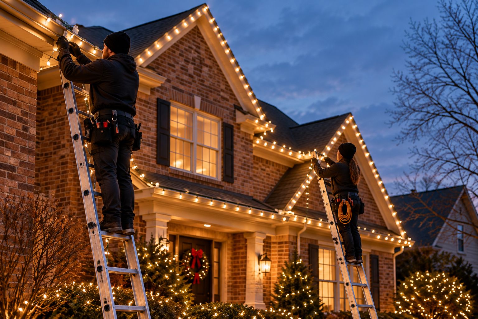 Installation crew hanging LED string lights along a roofline at dusk