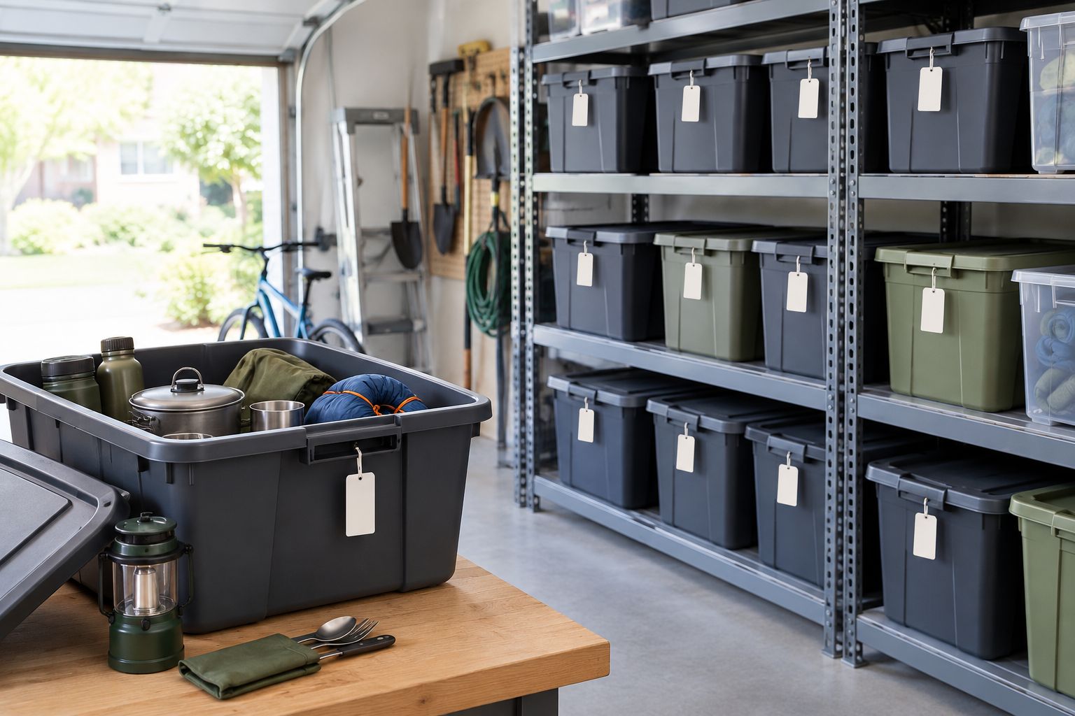 Garage totes with outward-facing tags and an open bin beside the shelving