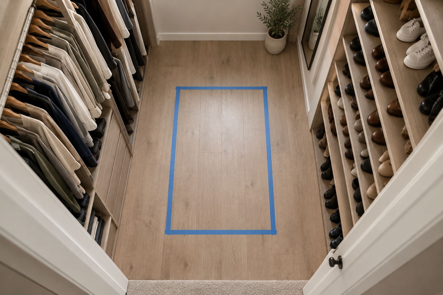 Compact walk-in closet with taped storage footprint and a clear central standing area.