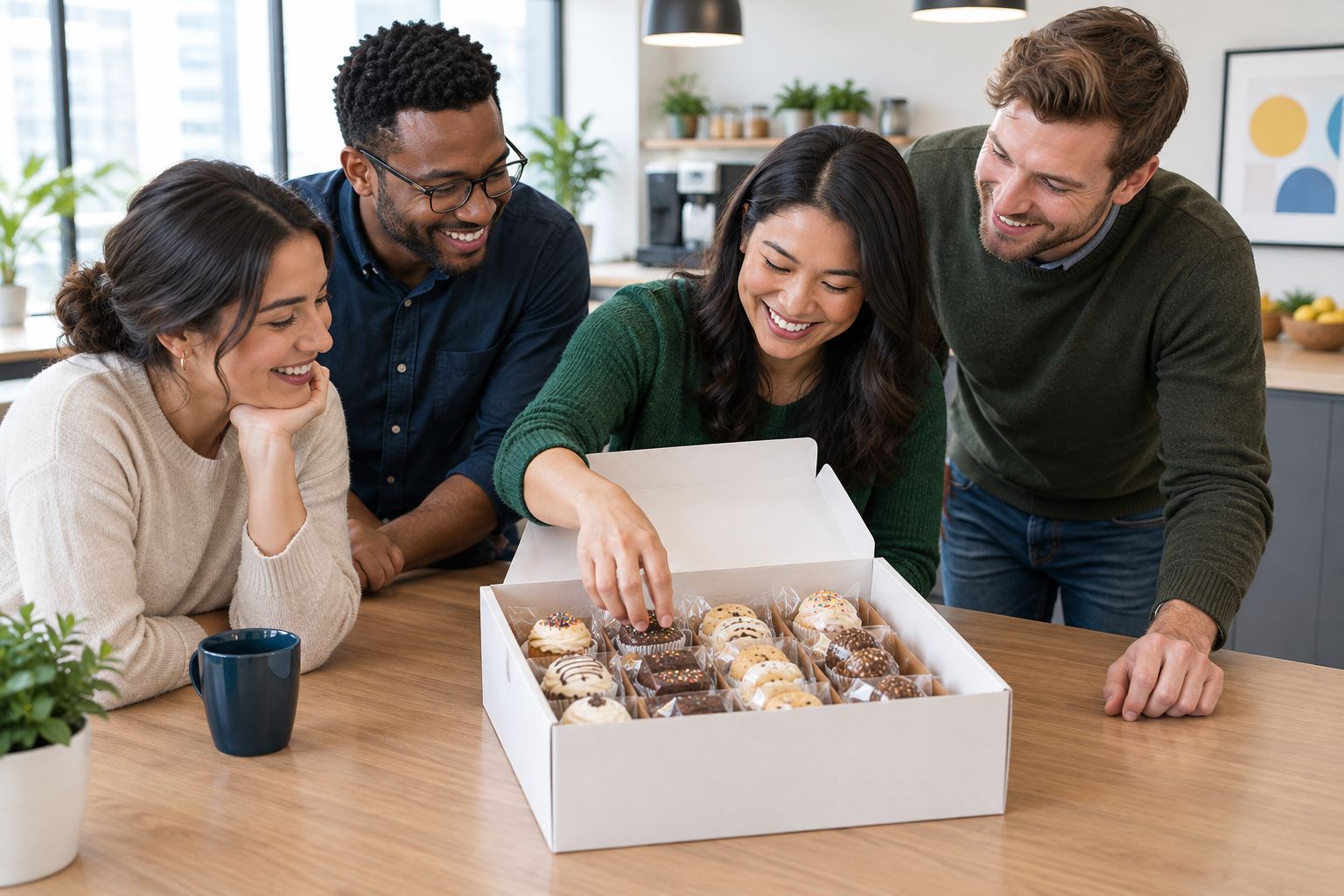 Open birthday dessert gift box on an office break room bench with colleagues gathering around
