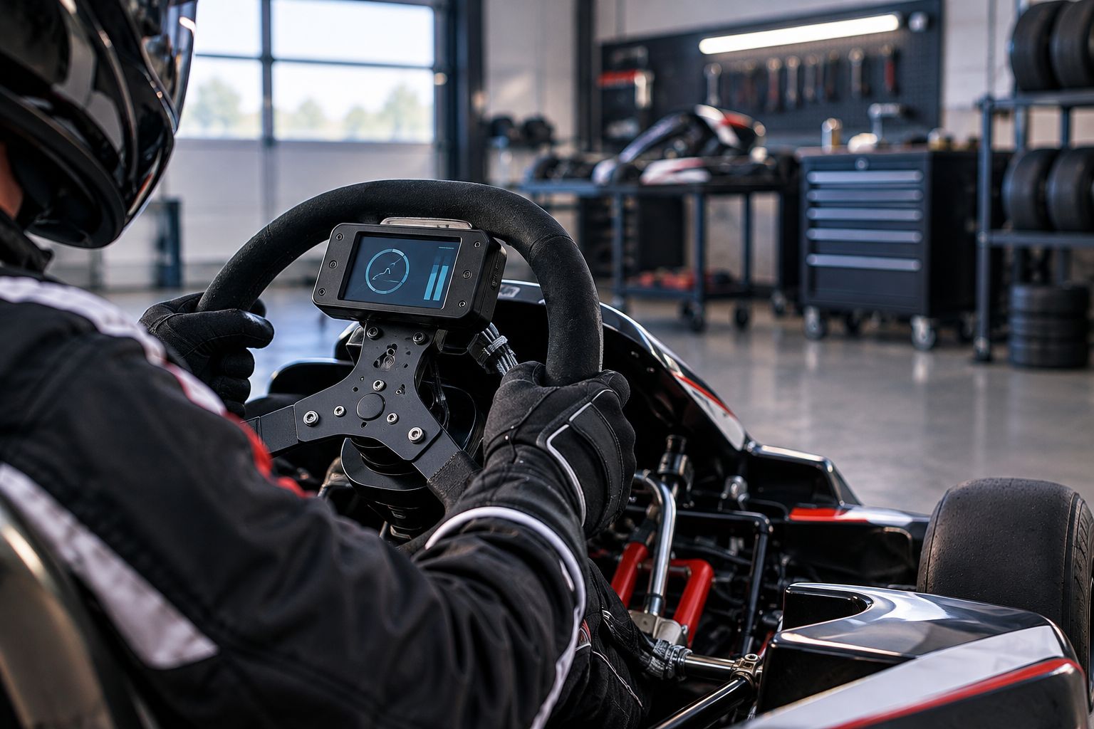 Förare i gokart med monterad display och kablage som hålls undan från reglagen