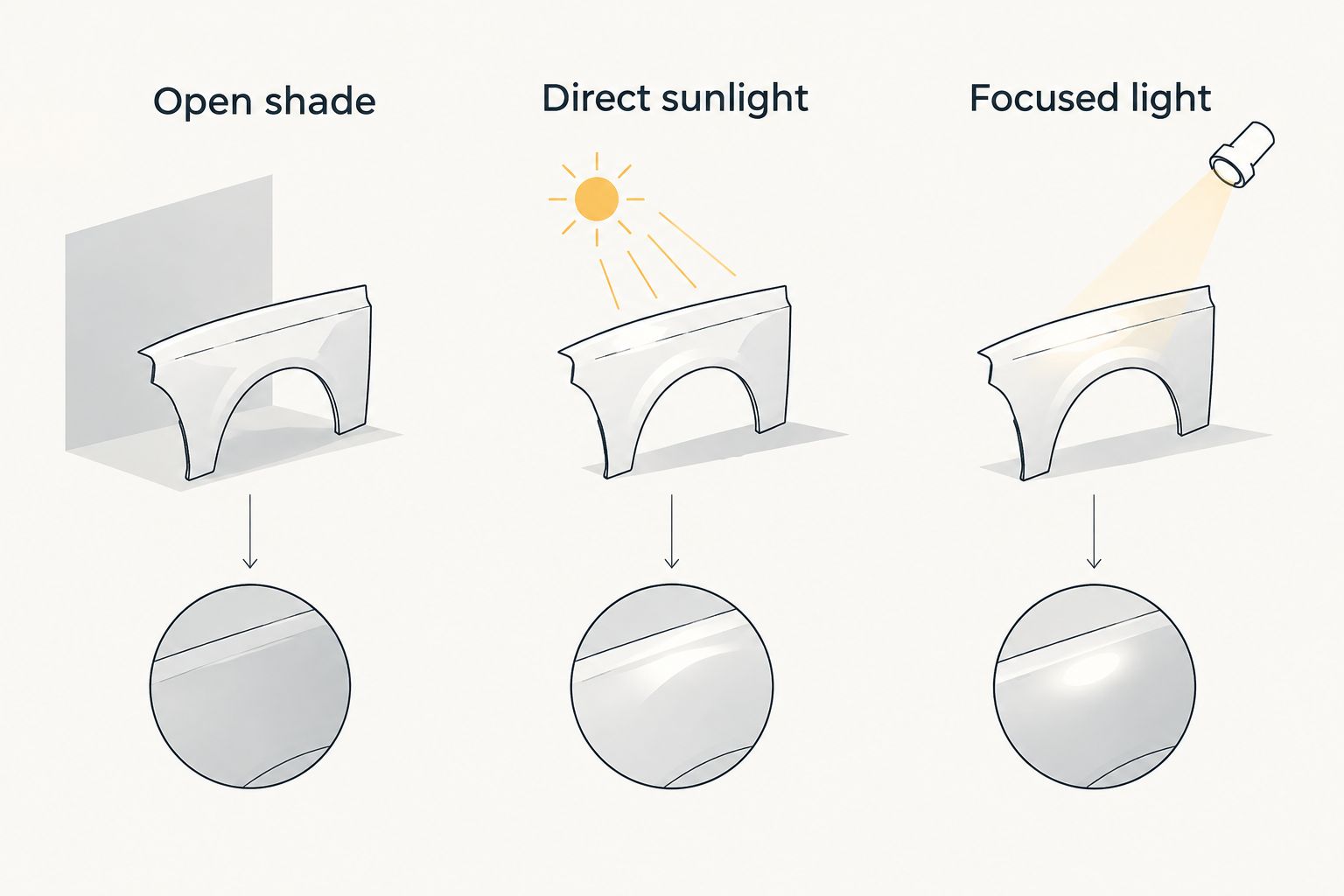 Three lighting conditions for checking black paint: shade, sunlight, and focused light.