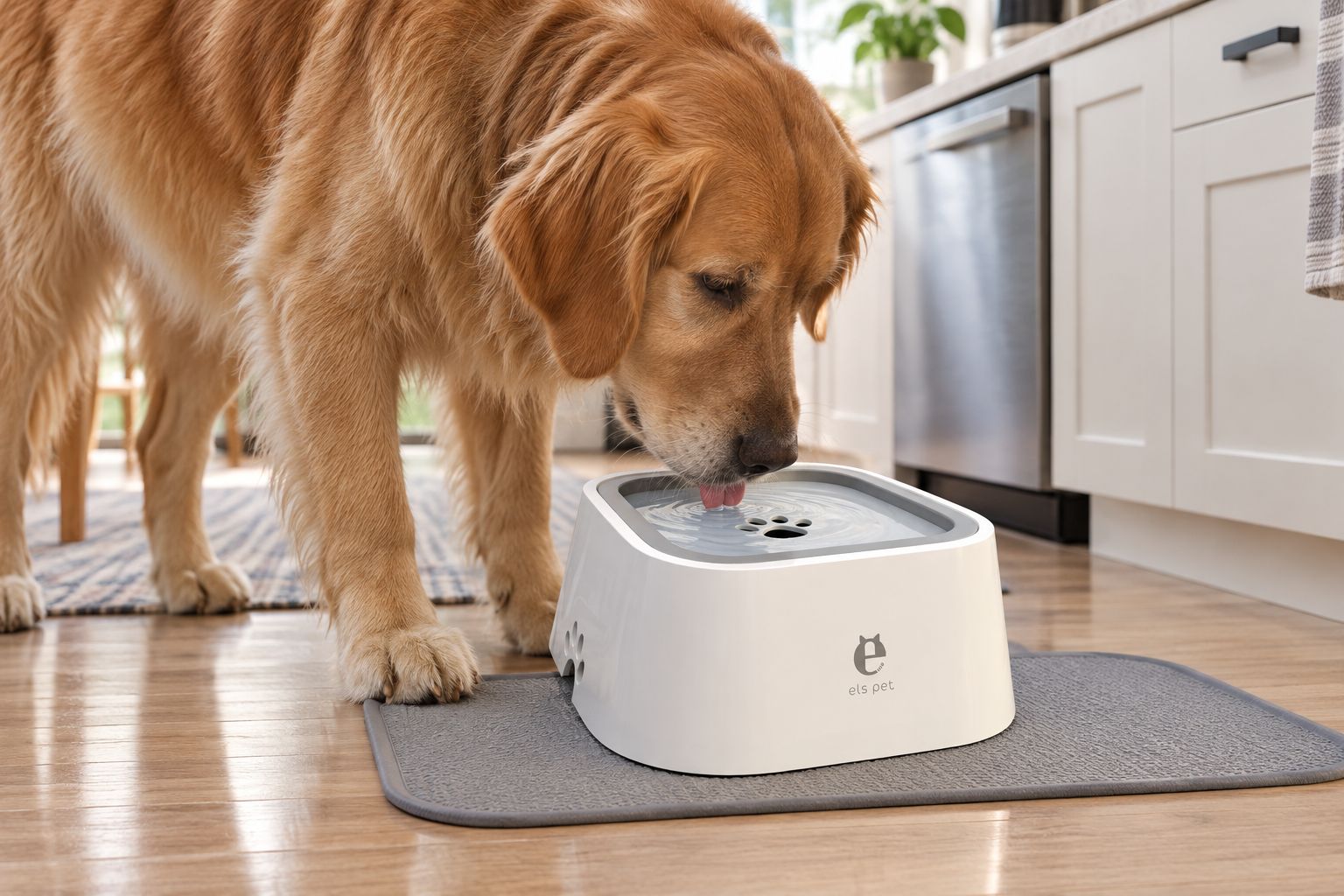 Floating dog water bowl on a washable mat beside a large dog