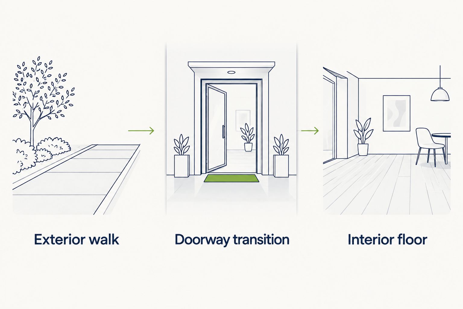 Three storefront zones: exterior walk, doorway transition, and interior floor