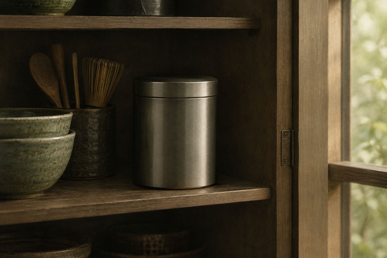 Closed stainless steel tea canister stored in a cupboard away from direct light