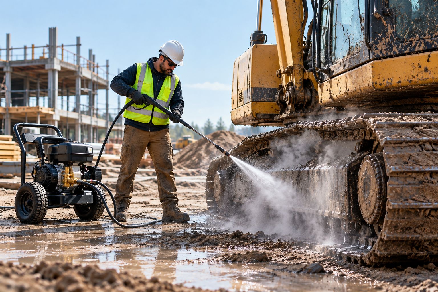 Hot water pressure washer cleaning mud and grease off excavator tracks