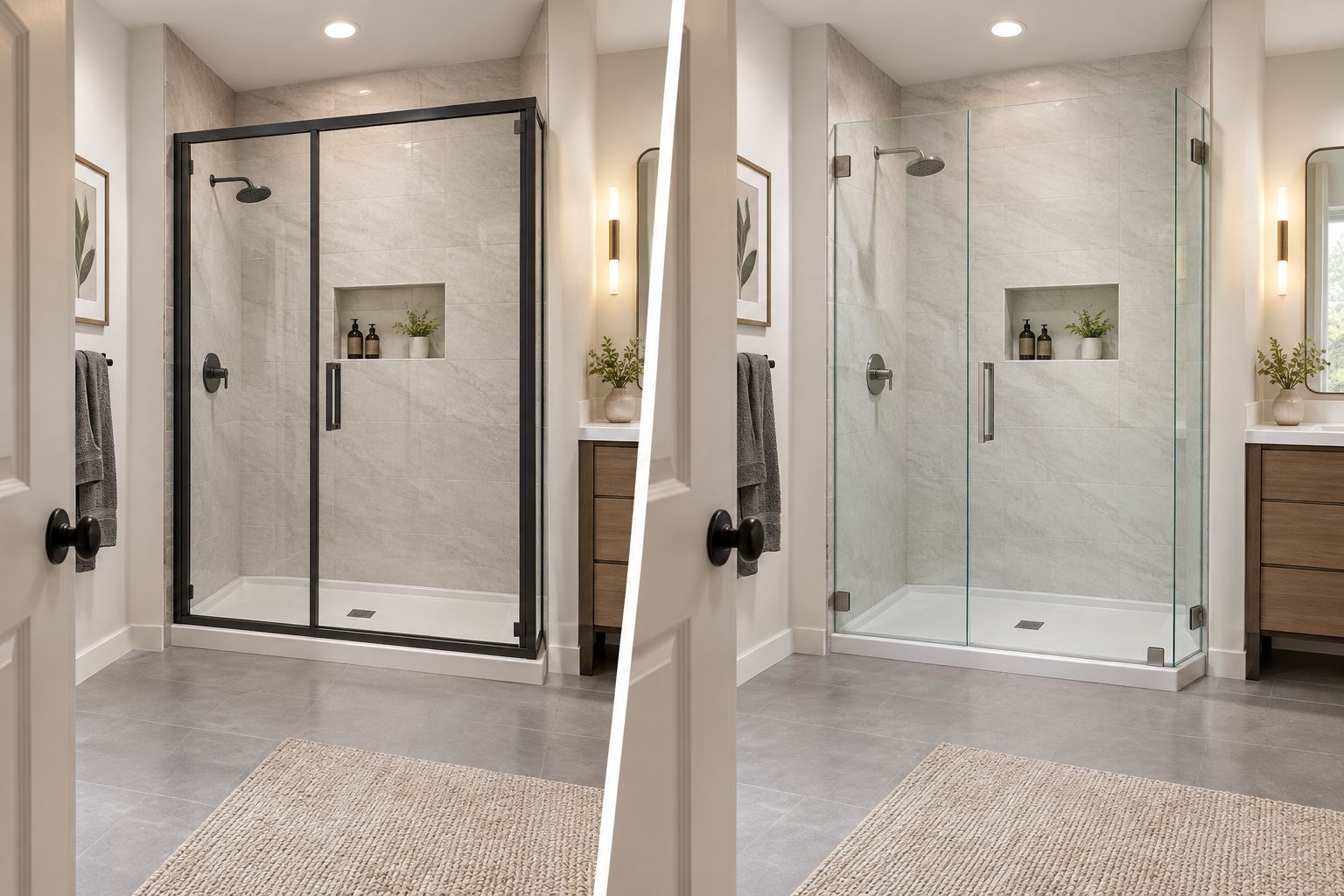 Side-by-side bathrooms showing framed and frameless glass shower enclosures