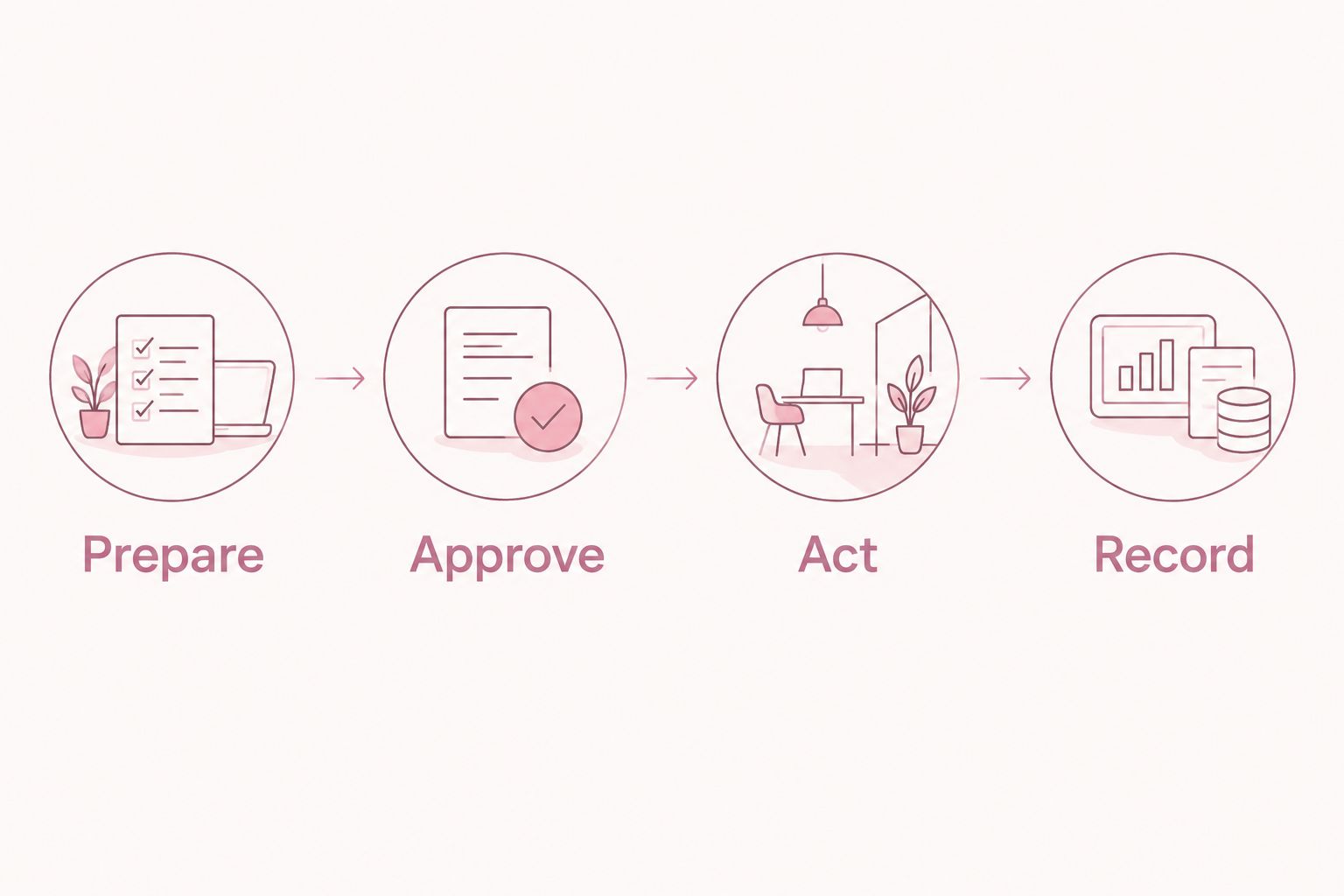 Four-step owner approval sequence: prepare, approve, act, and record