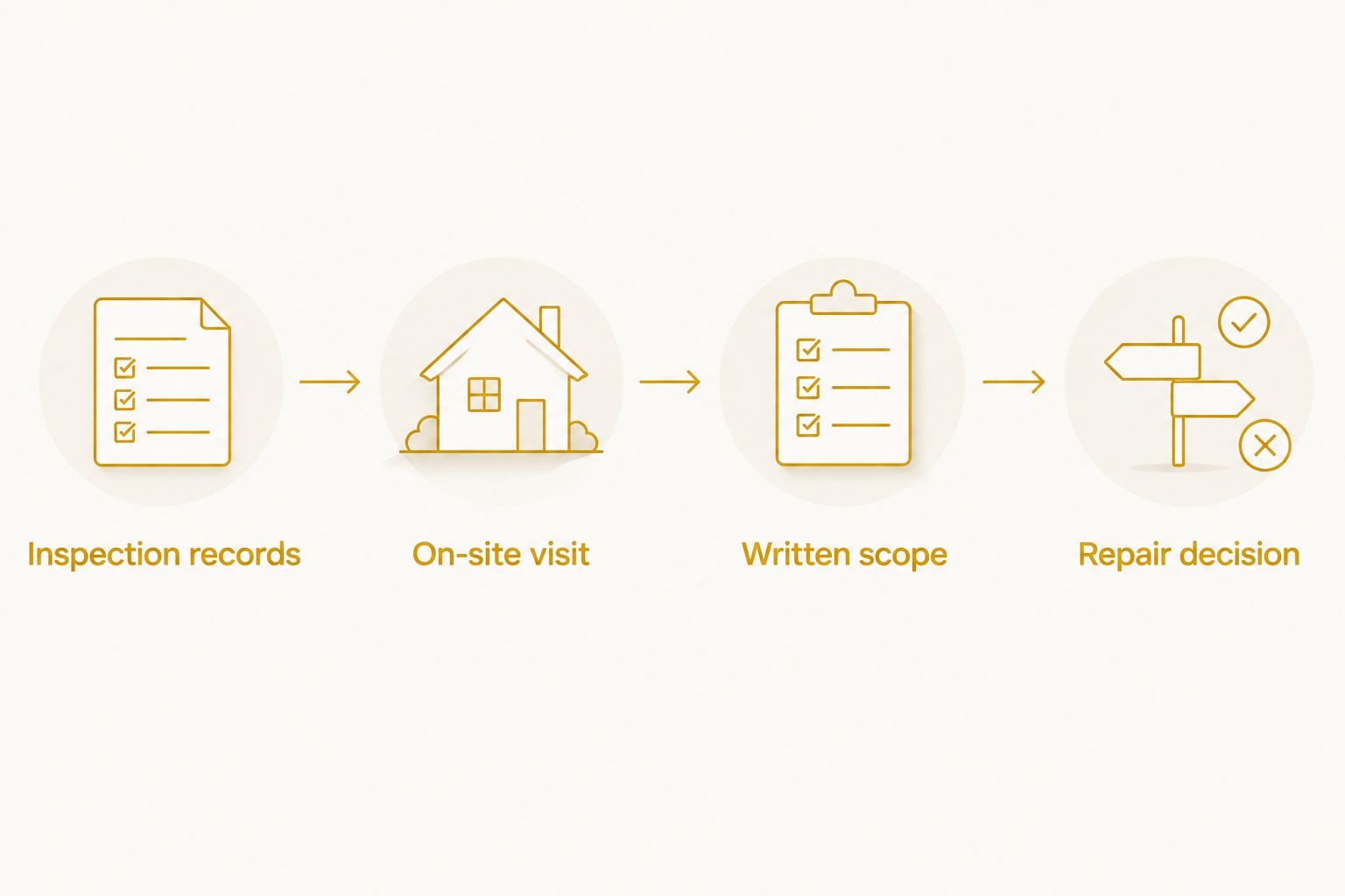 Four stages from inspection records through an on-site visit and written scope to a repair decision.