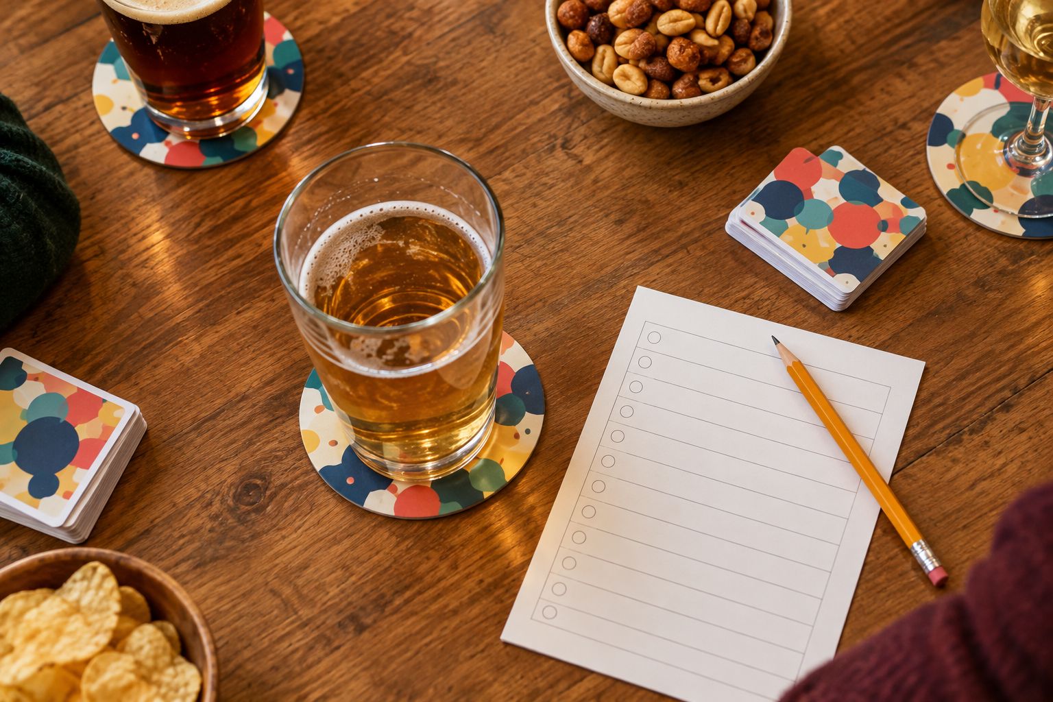Sample coaster partly covered by a glass beside a blank quiz sheet