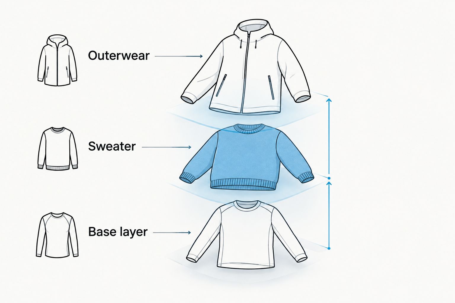 Three clothing layers: a base layer, sweater and outerwear