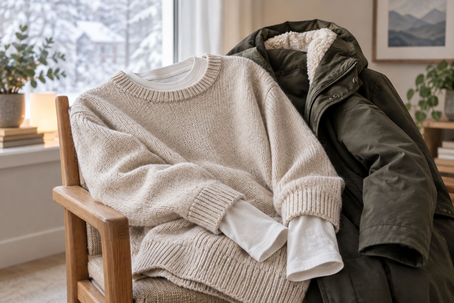 Cotton sweater, base top and winter coat arranged to show how the layers overlap