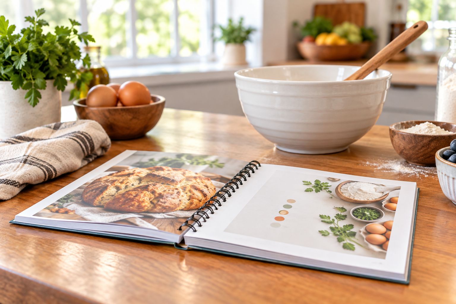 Wire-O bound cookbook lying flat open on a kitchen counter