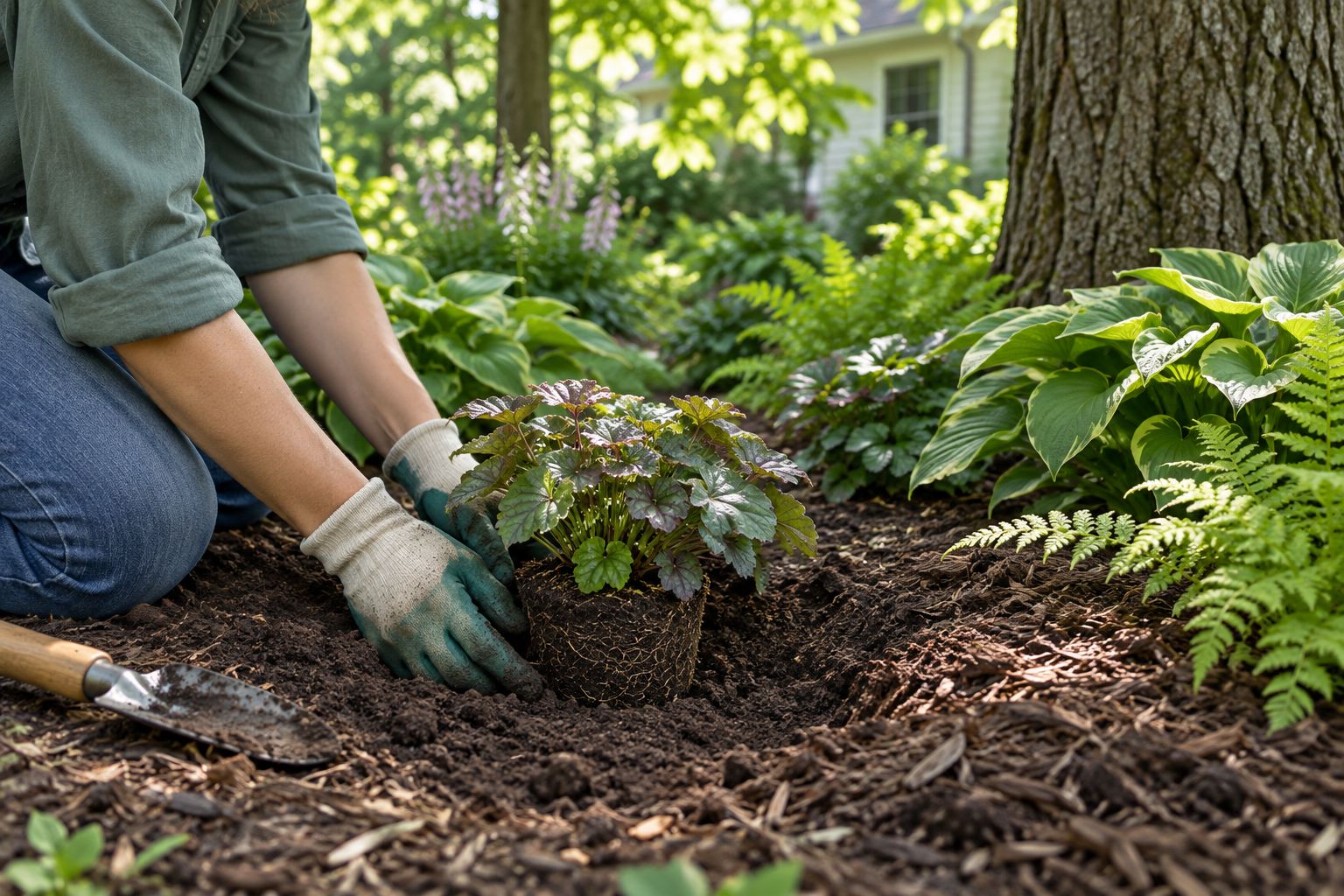 Gardener setting a perennial plug level with the soil in a shaded bed