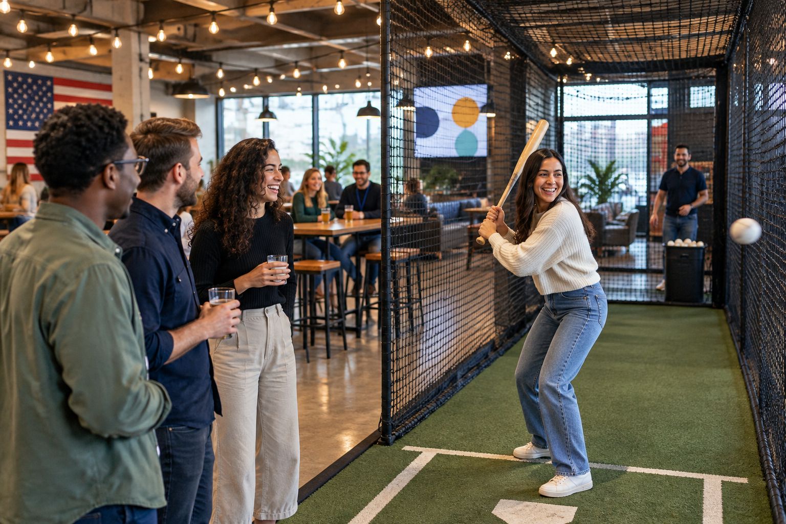 Coworking group socialising around an indoor batting cage lane
