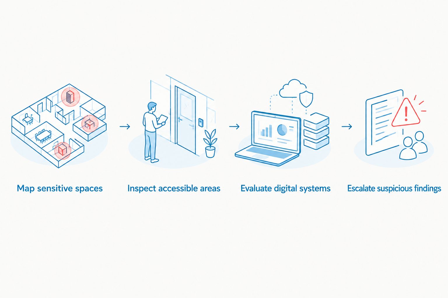 Four stages of a family office surveillance review, from mapping spaces to escalating findings