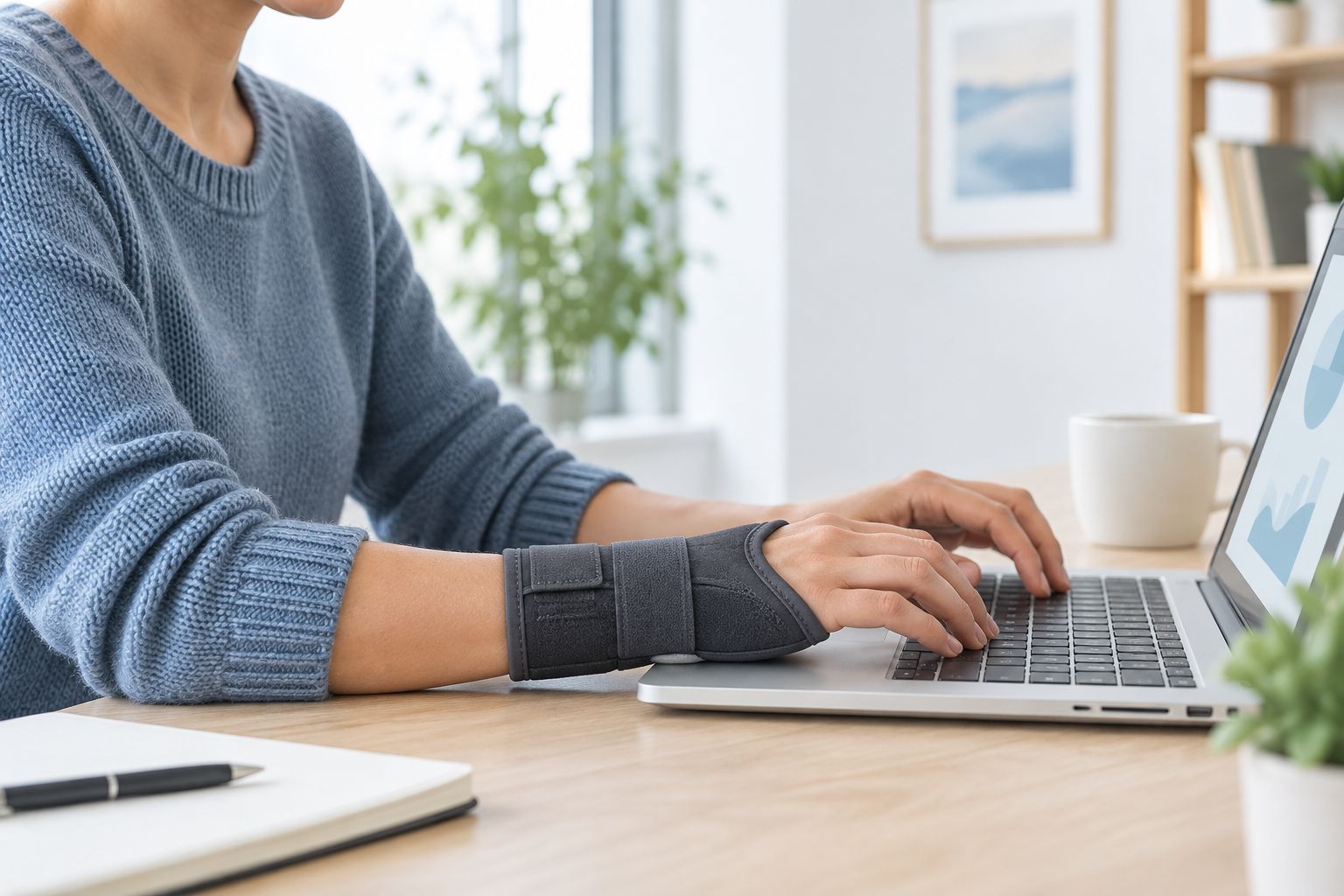 Person wearing a wrist brace while typing at a desk