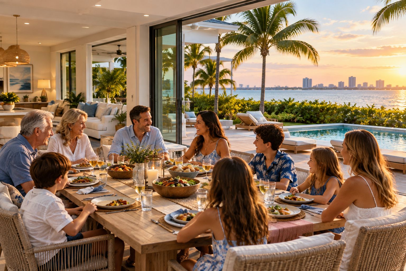Multi-generational family gathered in a large open living and dining space of a vacation home