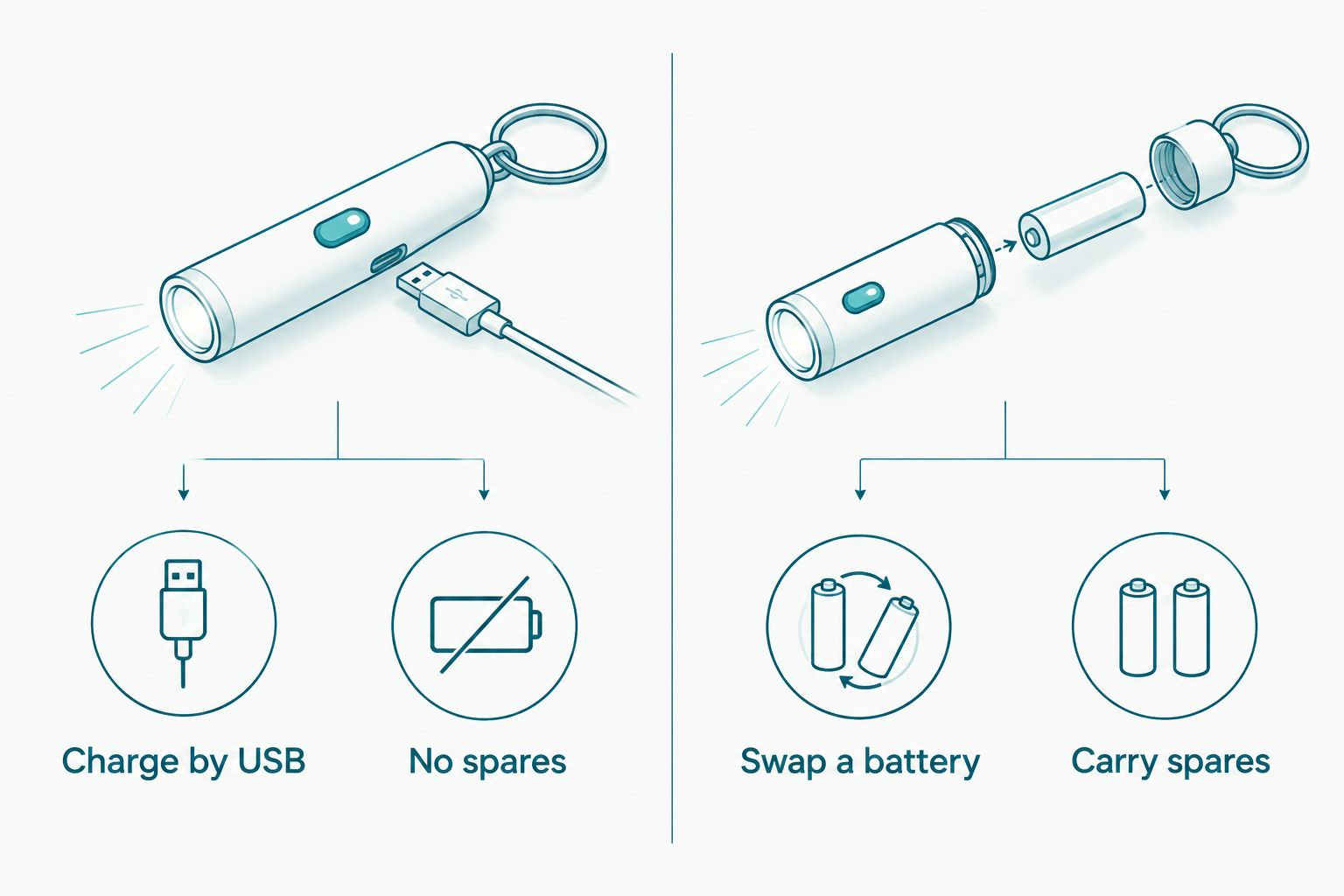 Two-column comparison of rechargeable and swappable battery keychain lights