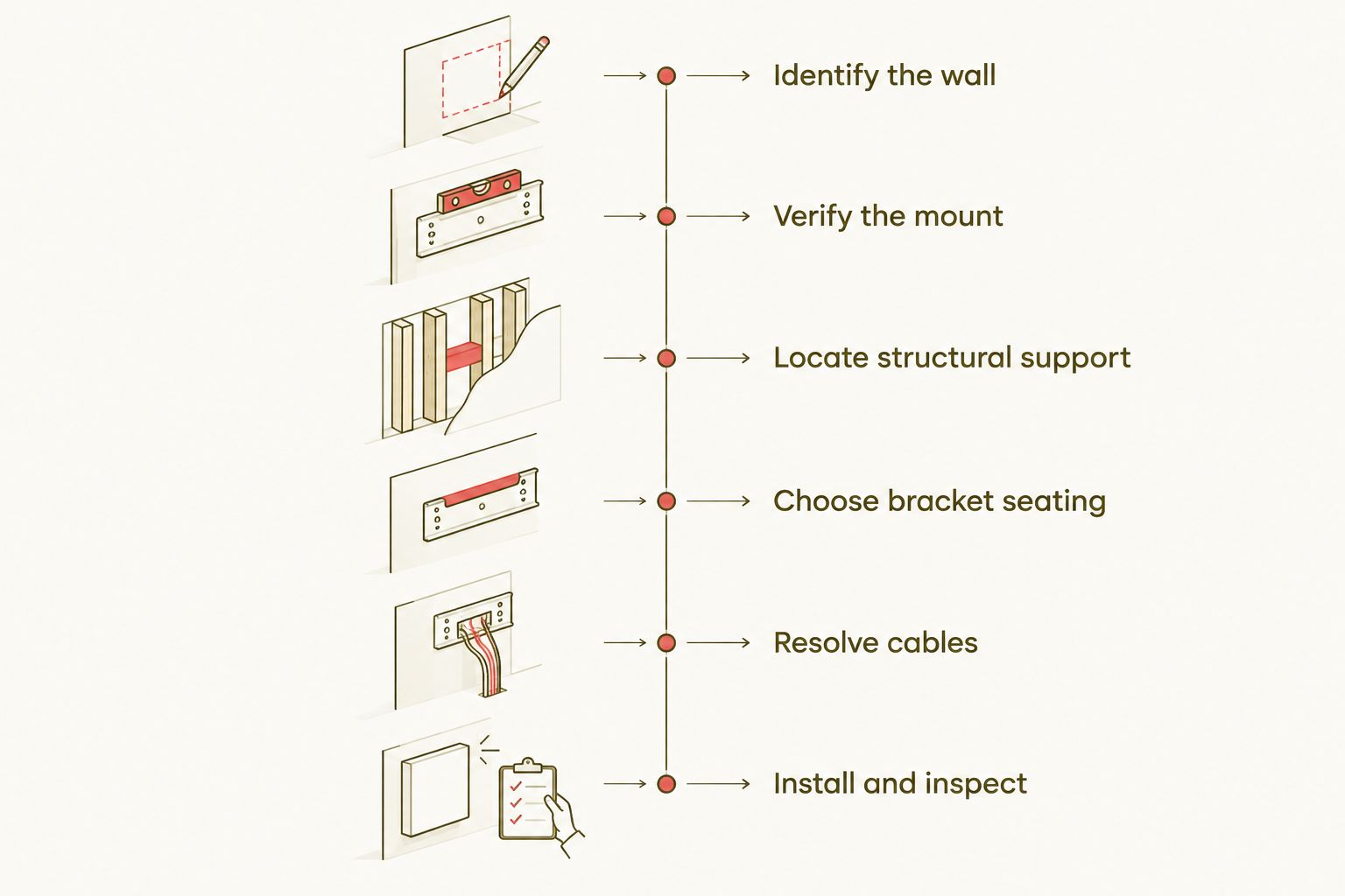 Installation sequence from identifying wall construction to inspecting the completed TV mount