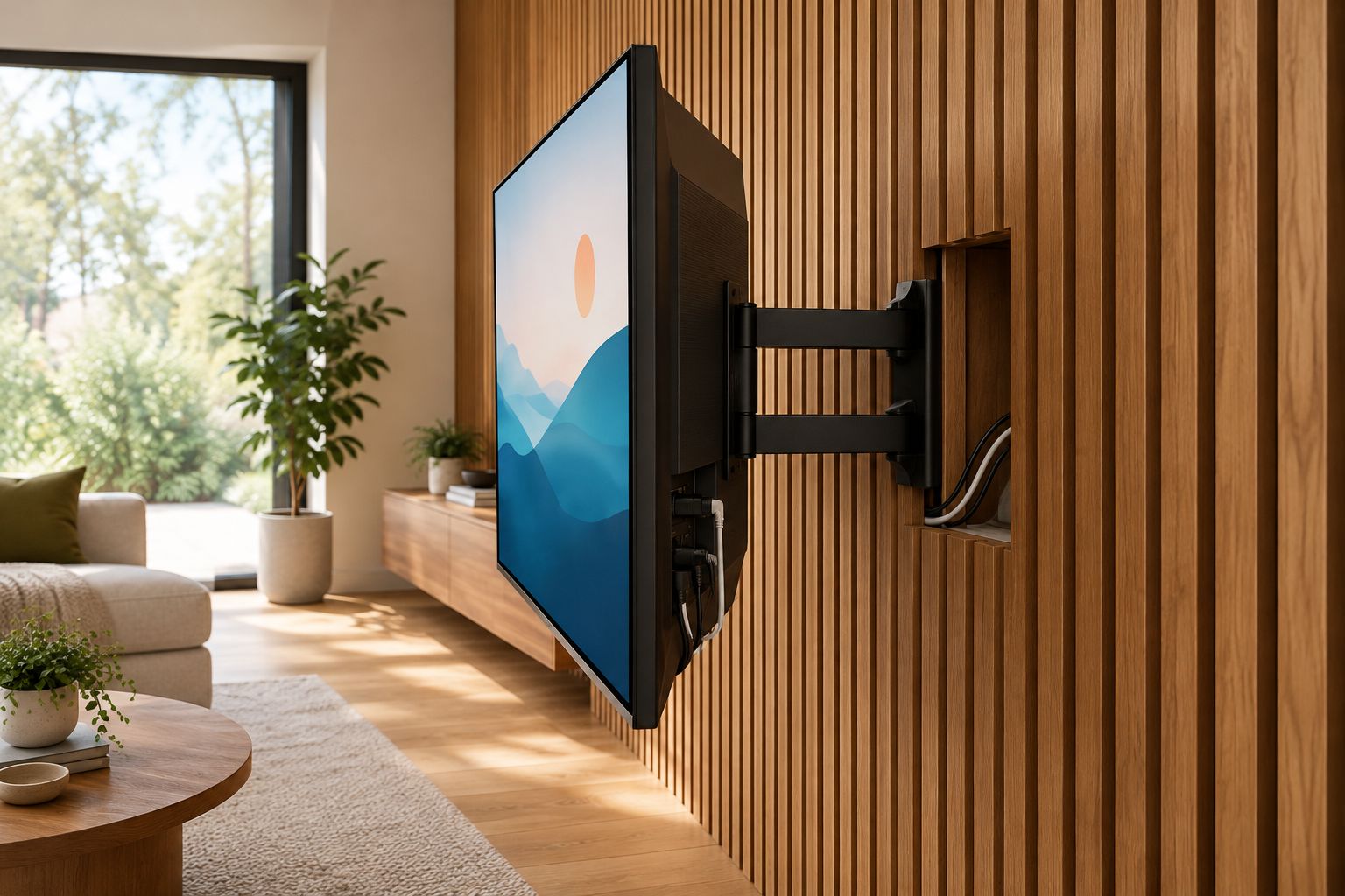 Side view of a TV extended from a wood slat wall with accessible connections behind the screen