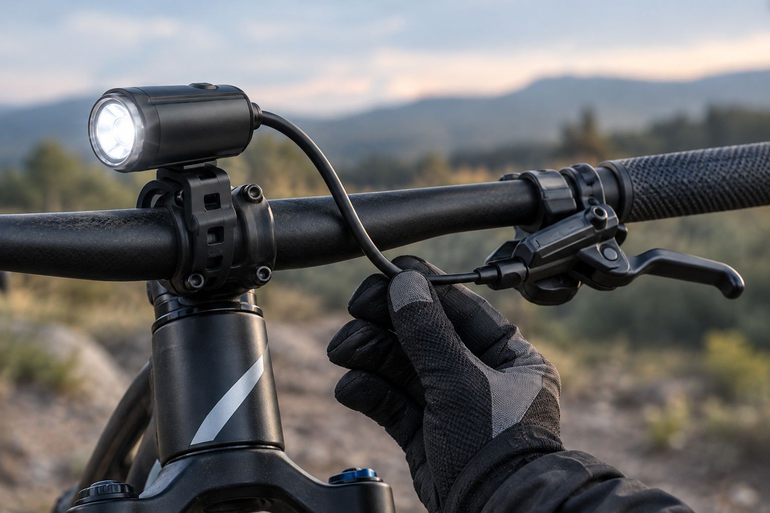 Rider inspecting cable clearance around a mountain bike light, brake lever and shifter