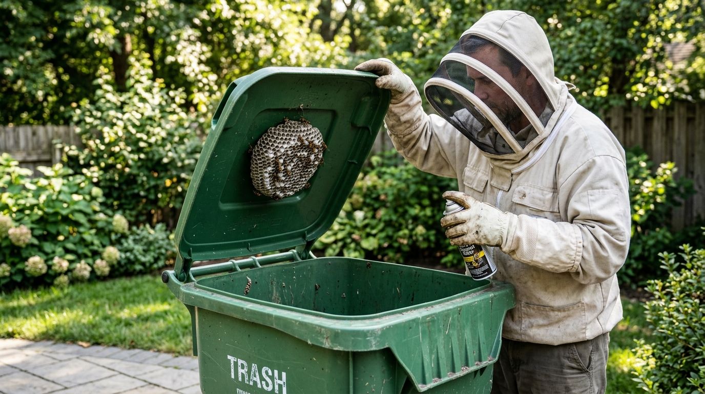 How to remove a wasp nest from an outdoor trash can