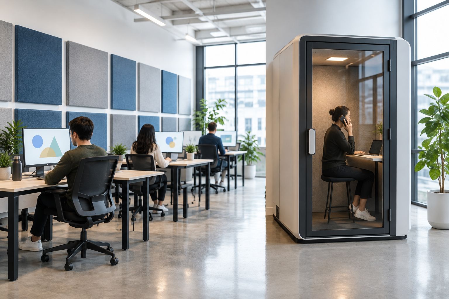 Shared office with wall acoustic treatments and a separate enclosed space for a call
