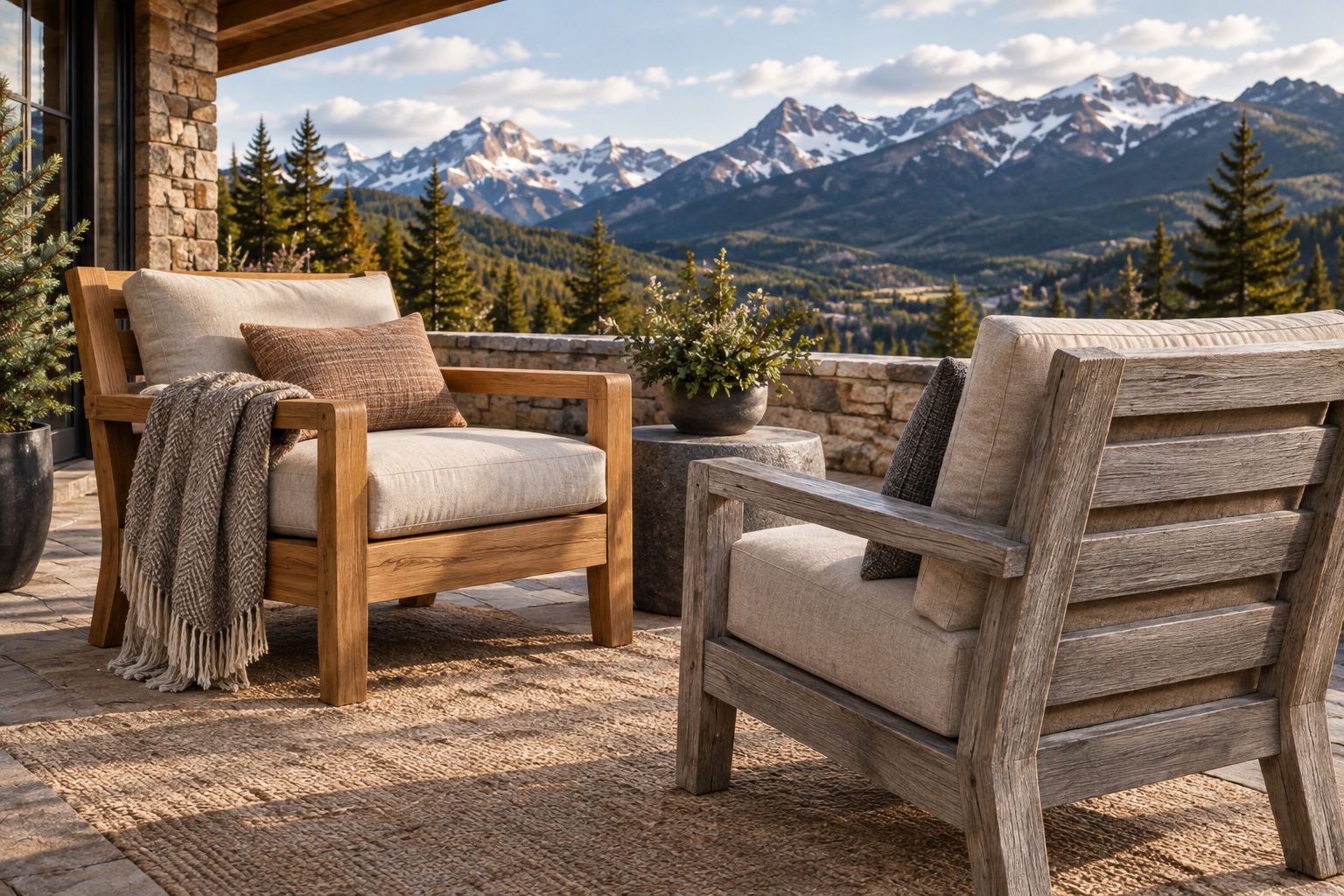 Warm-toned and silver-gray teak chairs showing different outdoor wood appearances