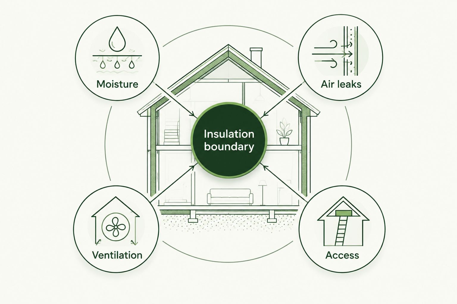 Insulation boundary connected to moisture, air leaks, ventilation, and access checks