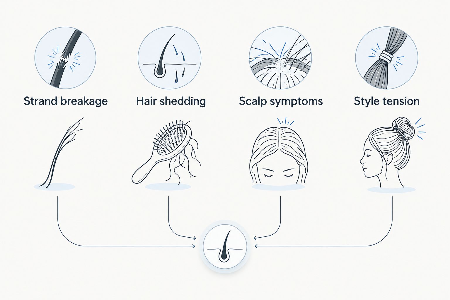 Four distinct concerns: strand breakage, hair shedding, scalp symptoms and style tension