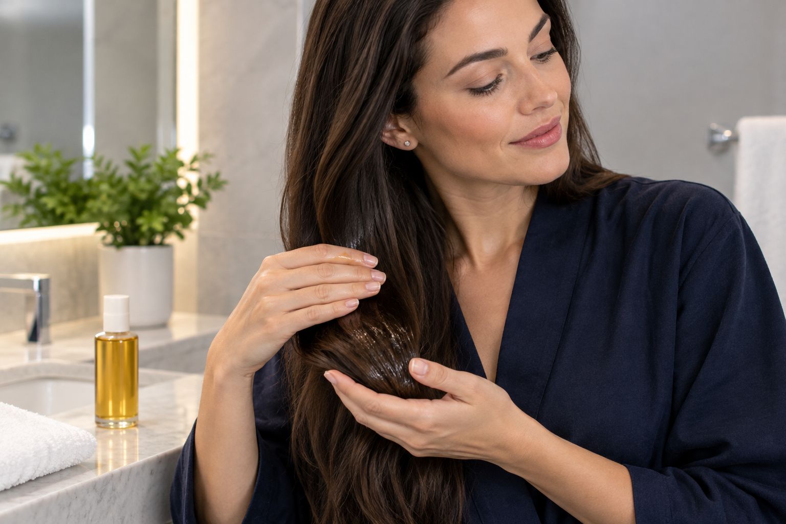 Hands gently distributing hair oil through loose hair lengths