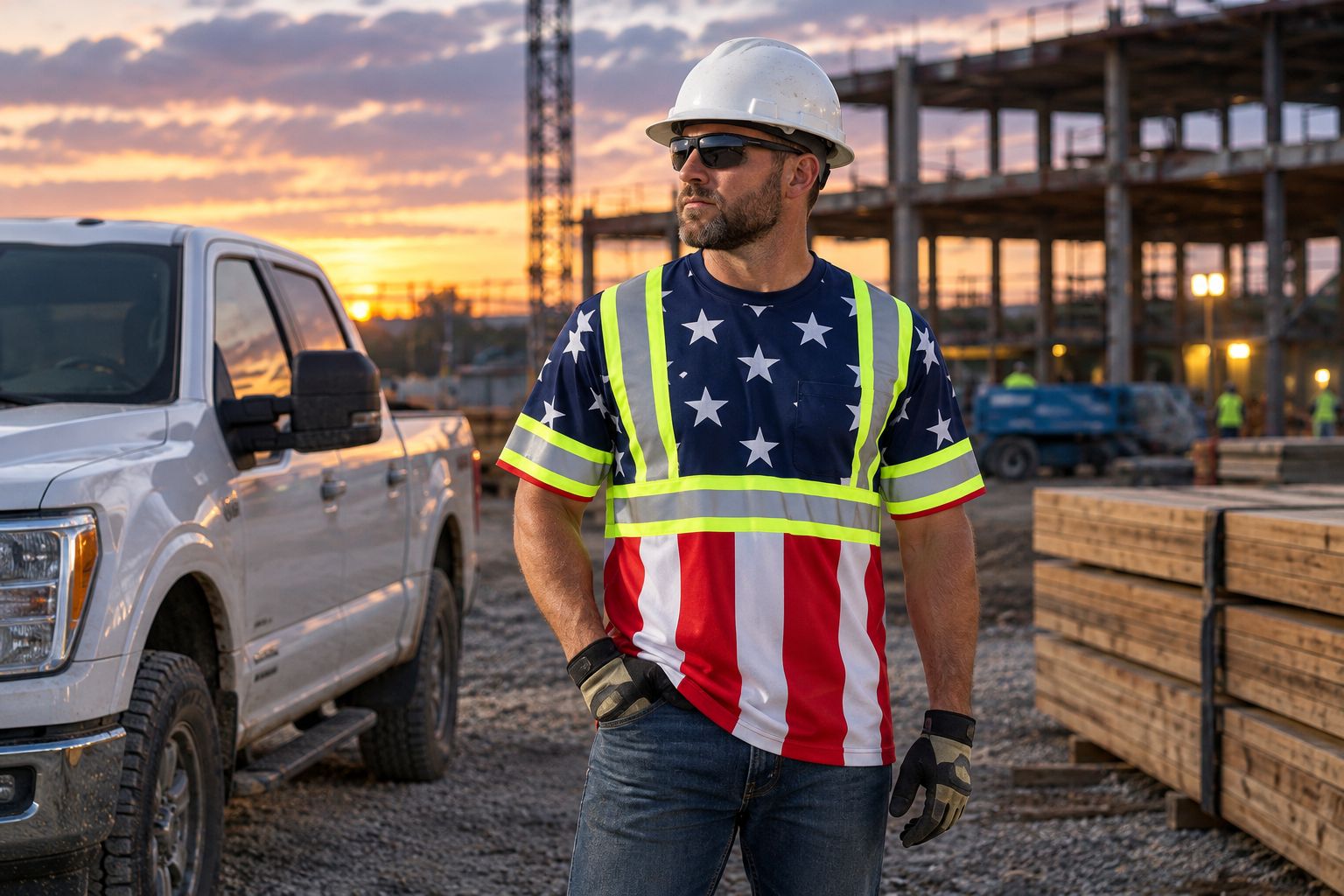 Worker wearing a safety-green long sleeve shirt on a jobsite at dusk