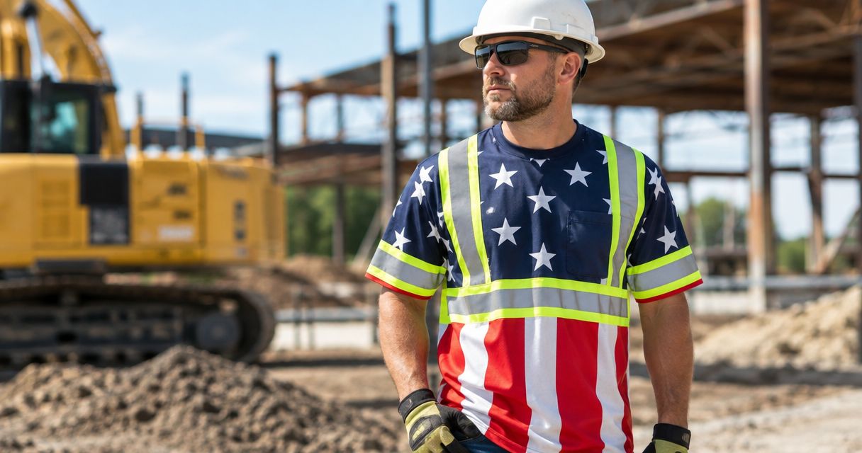 Patriotic safety-color shirts for jobsite visibility compliance