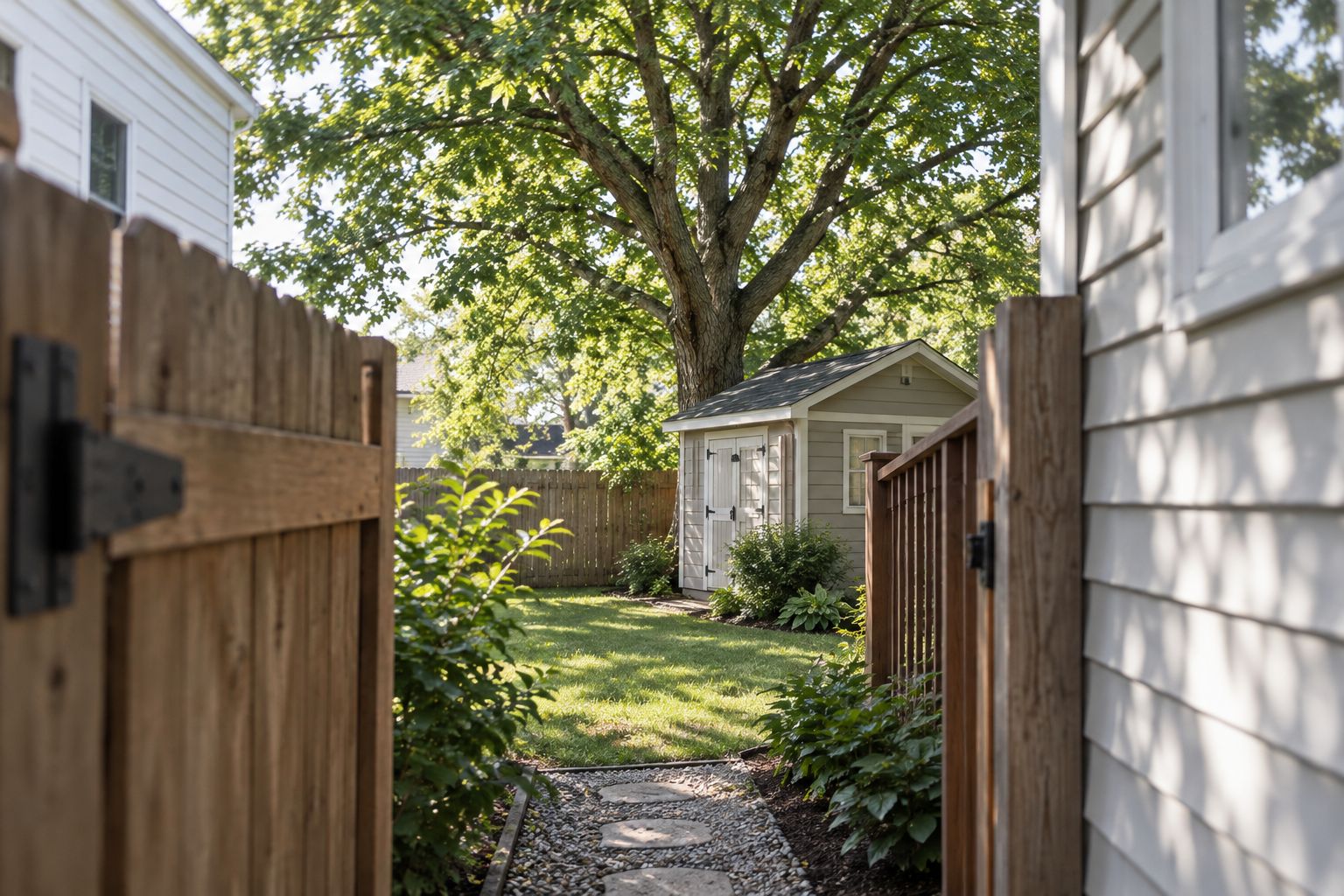 A narrow backyard gate leading to a mature tree with branches above a garden shed