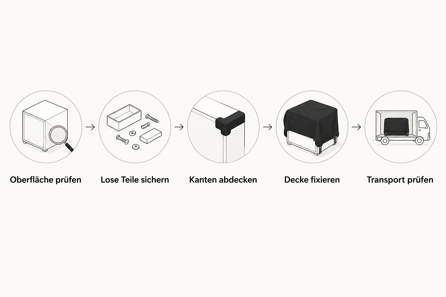 Ablauf vom Prüfen der Oberfläche bis zur Kontrolle des eingepackten Möbels vor dem Transport.