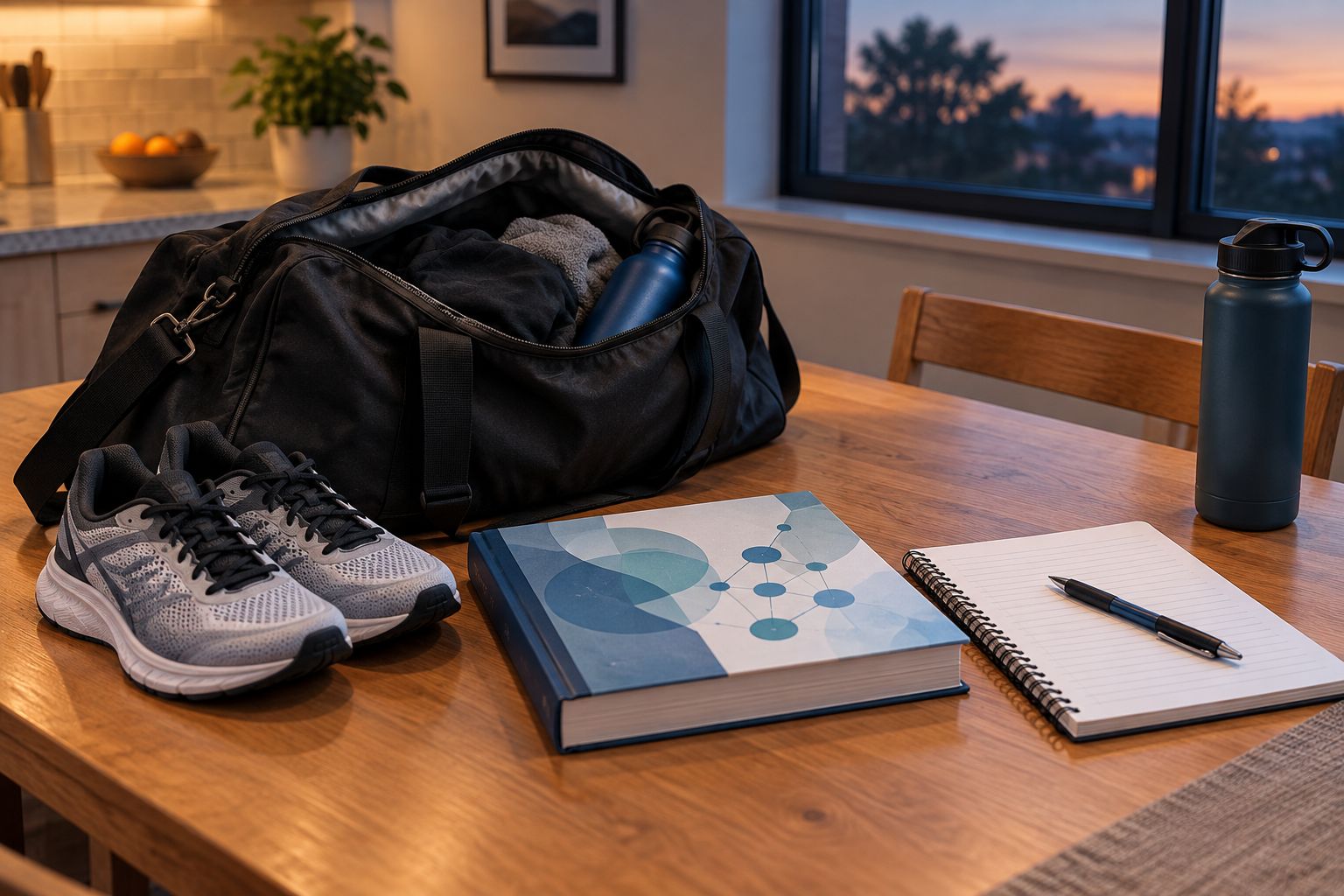 Sports gear and school books laid out together on a kitchen table