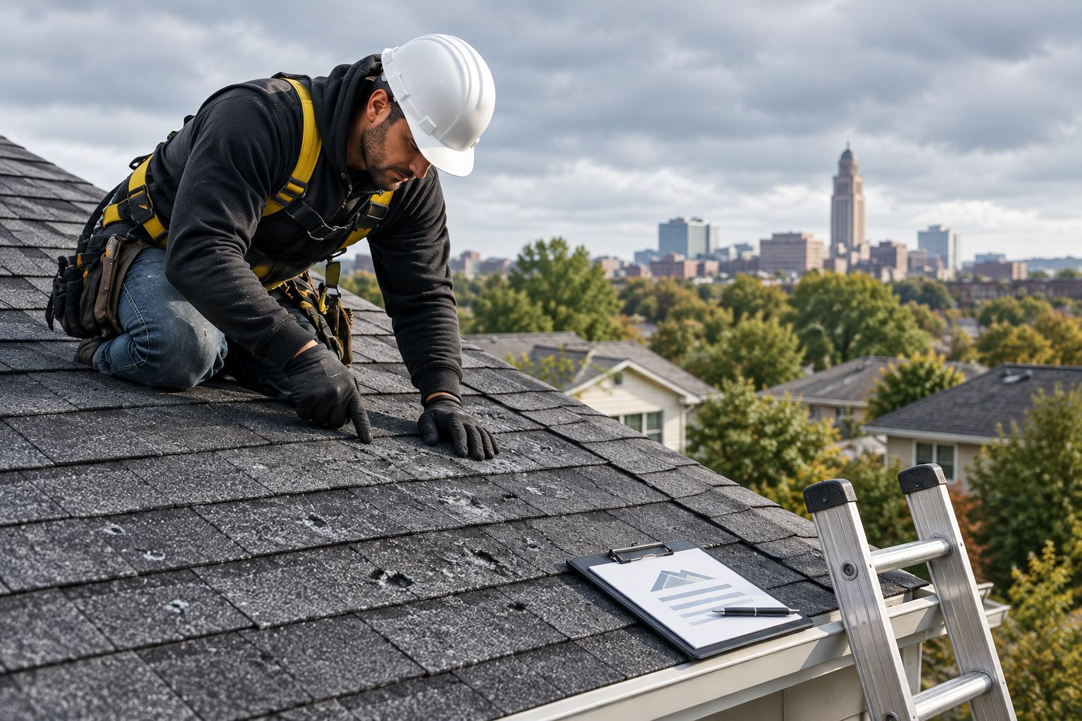 Roofing contractor inspecting hail damage on a residential shingle roof