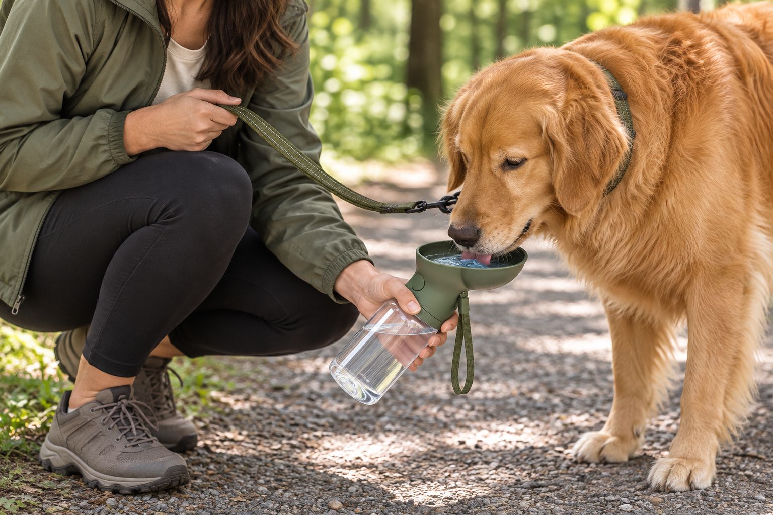 A dog drinking from a portable bottle tray while its owner holds the leash securely