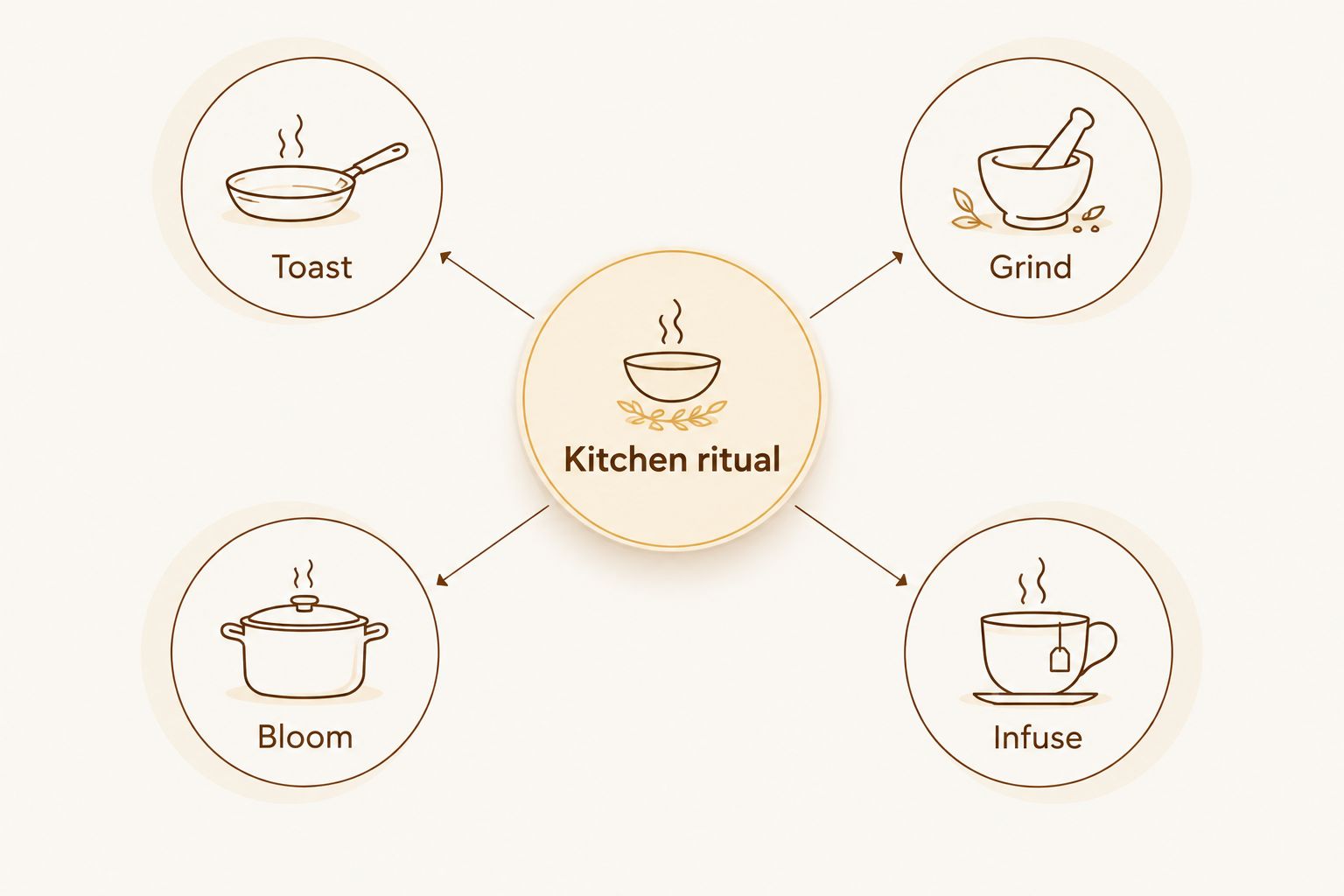 Four separate spice preparation methods: toast, grind, bloom, and infuse