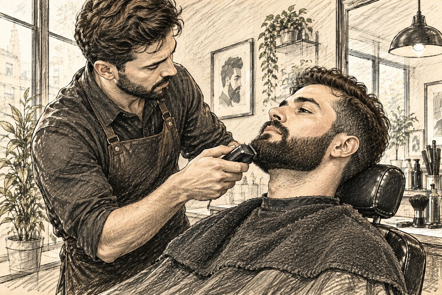 Barber trimming a client's beard line in a barbershop chair