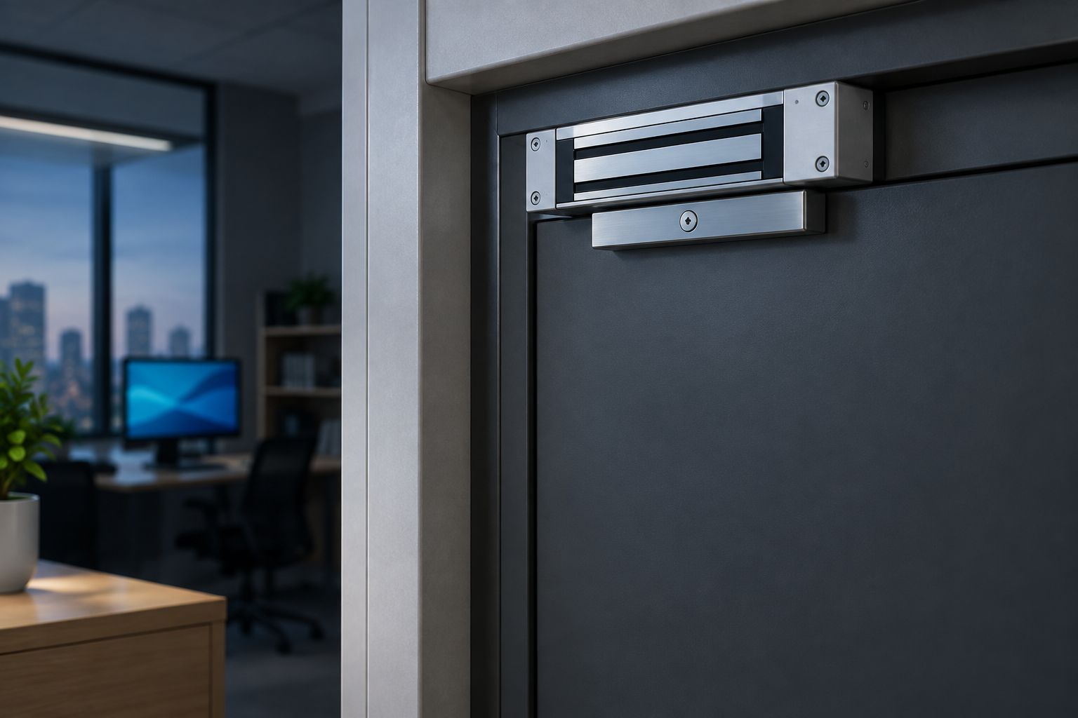 Generic magnetic door lock and armature aligned at the top of a closed door