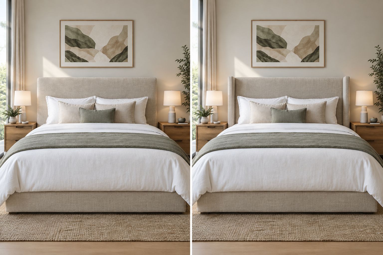 Plain upholstered panel and wingback bed head compared in the same bedroom