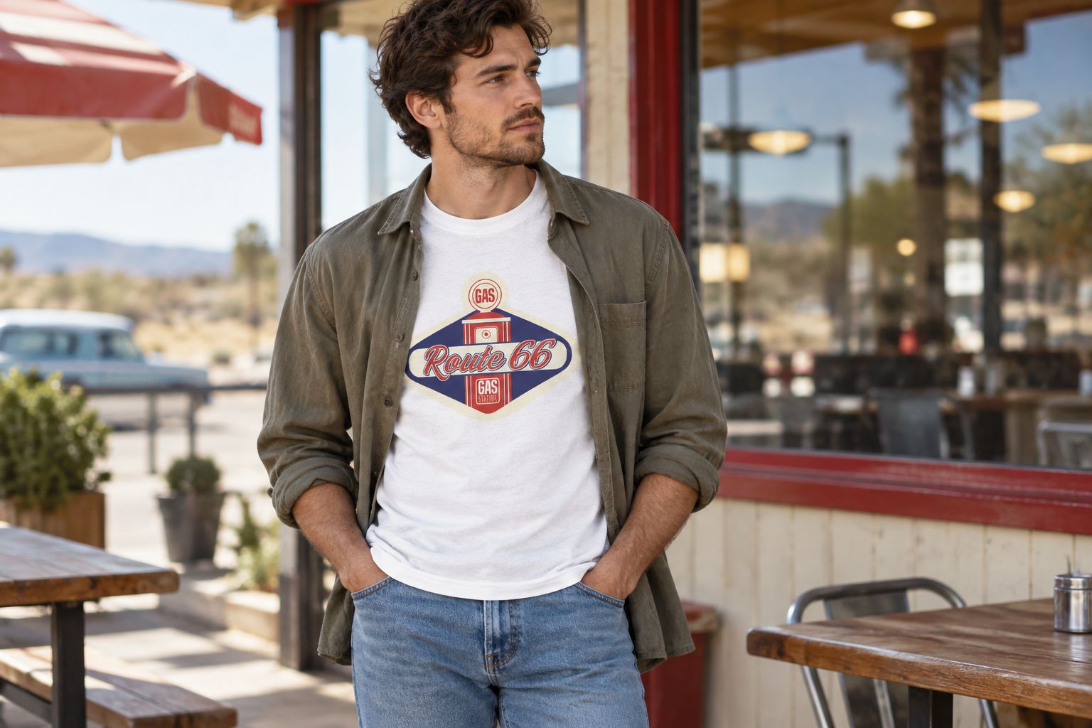 Route 66 gas station tee worn with straight-leg jeans and an open overshirt