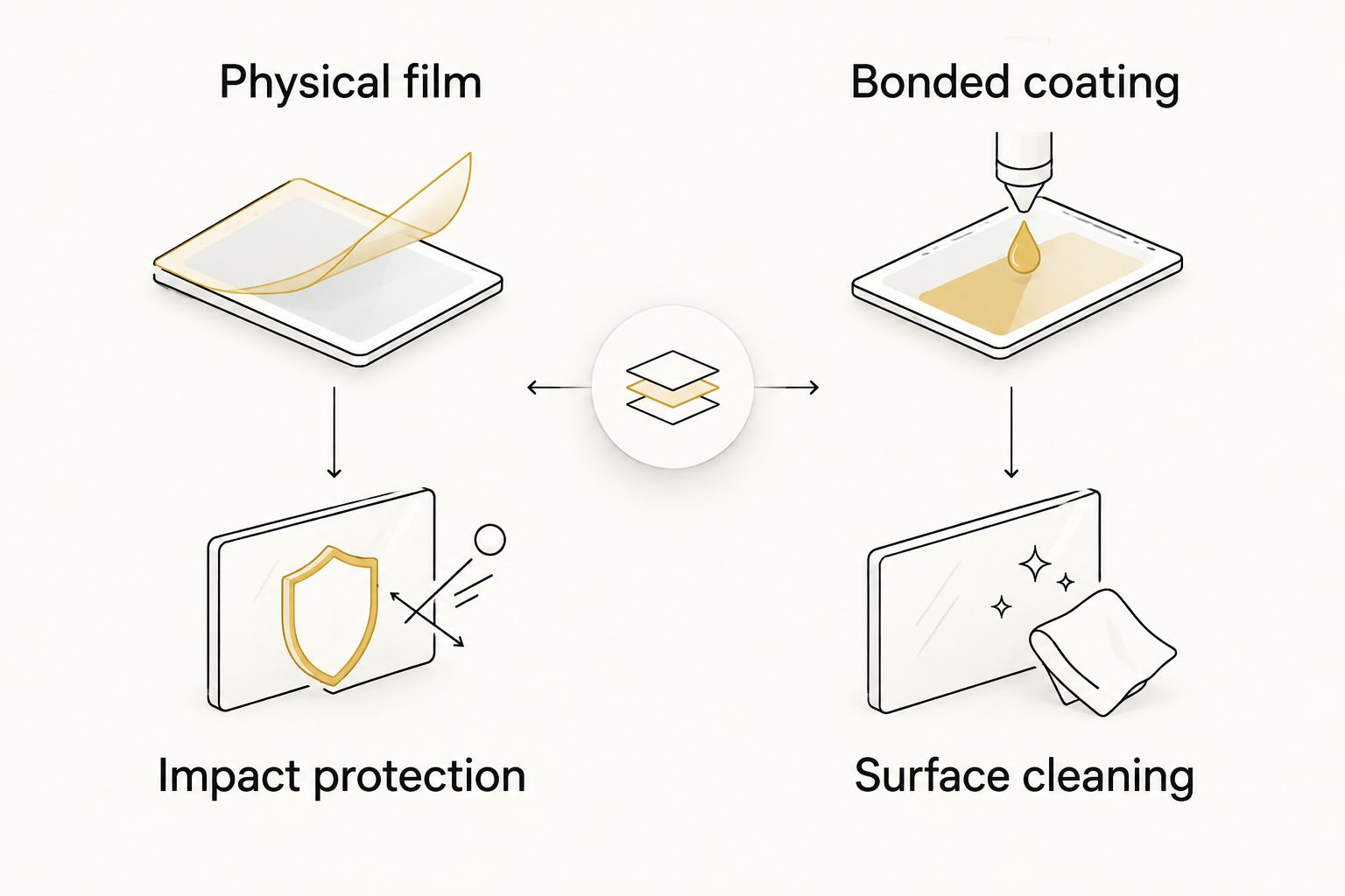 Next powered by EA Detailer Two-column comparison of physical film for impact protection and bonded coating for surface cleaning