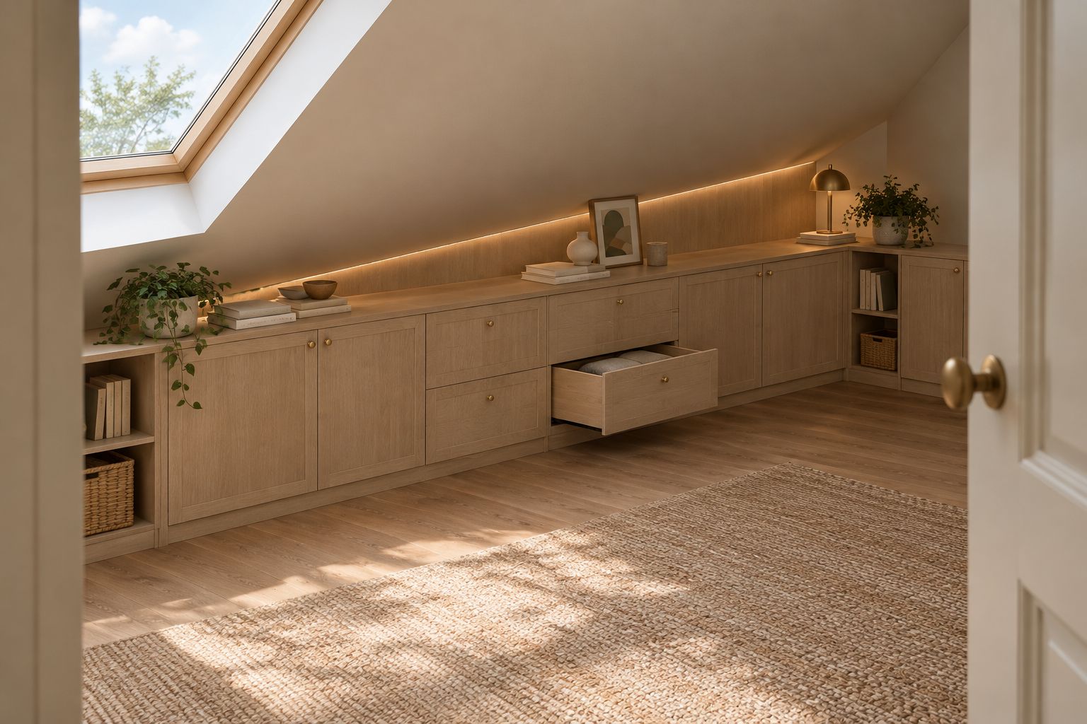Low built-in cabinetry beneath a sloped ceiling with an open drawer and clear floor space